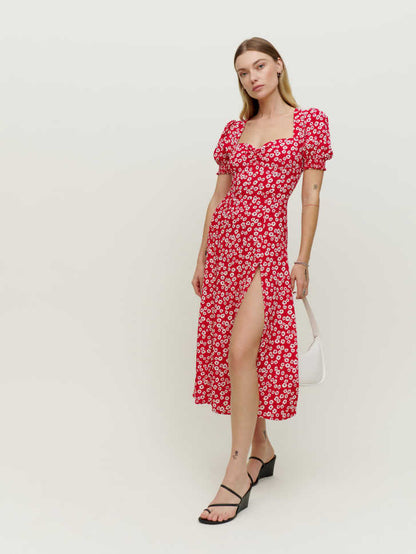 Robe Longue Fleurie Élégance – Fente Latérale & Manches Bouffantes