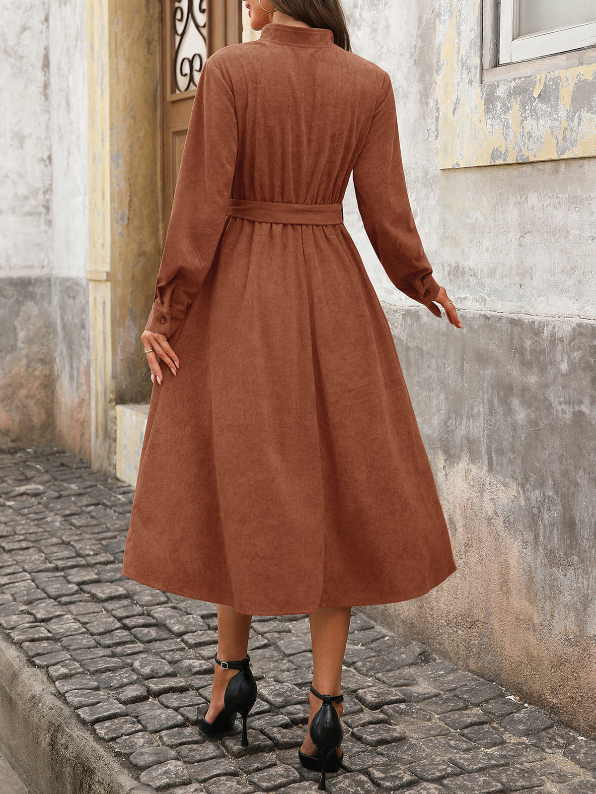 BÉRÉNICE | Robe Midi Côtelée Ceinturée