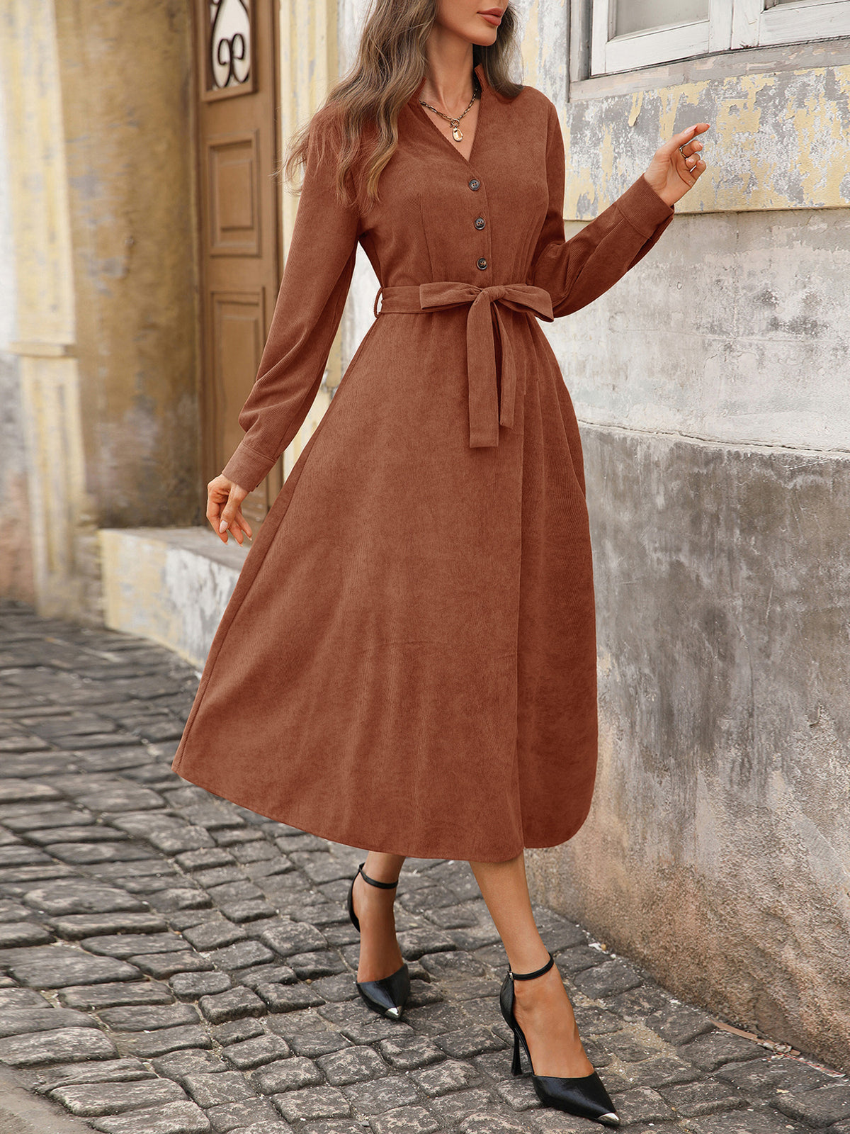BÉRÉNICE | Robe Midi Côtelée Ceinturée